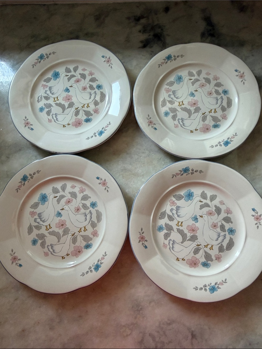 4 COUNTRY CLASSICS Floral Bird  dessert plates Geese- w/ Blue & Pink Accents